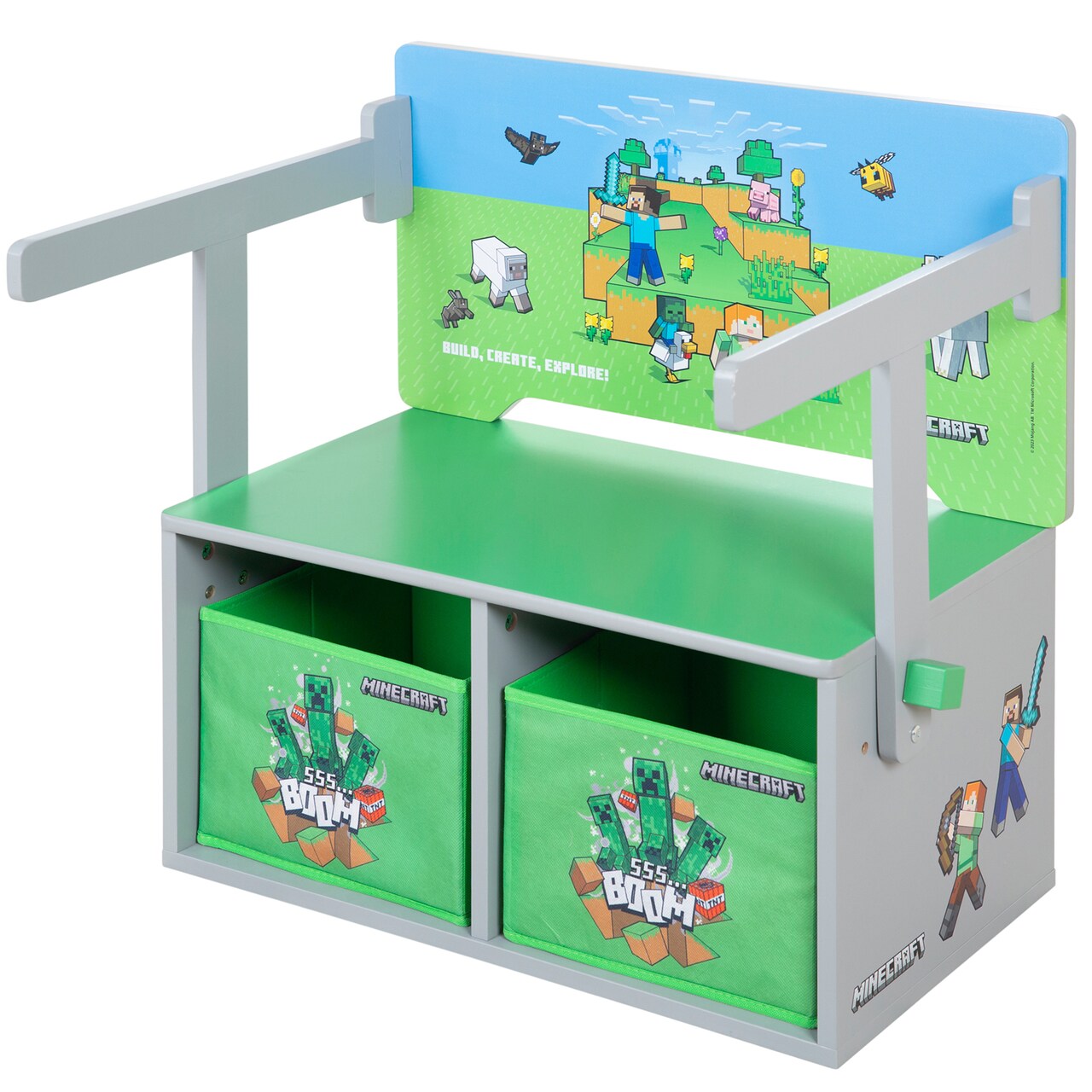 Minecraft: 2-In-1: Bench & Table - Wooden Chair Coverts From Seating To Play Desk, 2 Storage Cubes, Game Theme Furniture, Store-Sit-Play, Licensed